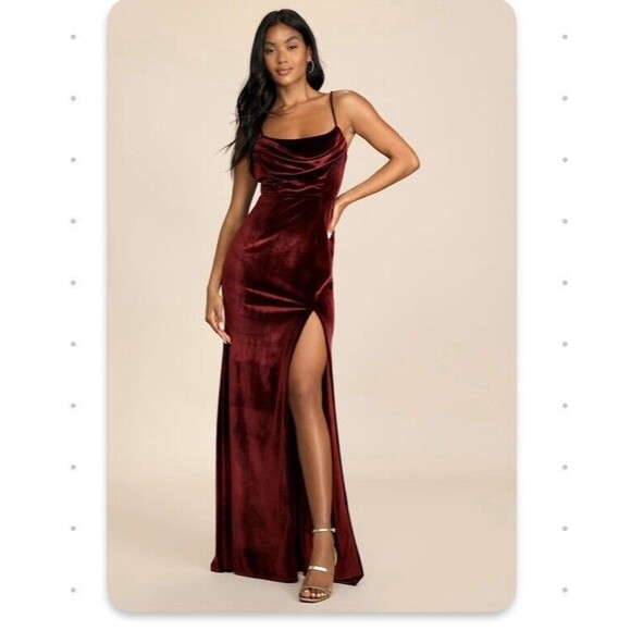 Lulus Everything I Do Wine Velvet Cowl Neck Mermaid Maxi Dress NWOT Size S Small - Picture 6 of 10